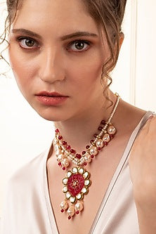 Gold Finish Kundan Polki & Red Agate Necklace