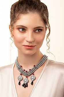 Gold Finish Kundan Polki & Grey Pearl Necklace