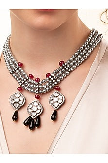 Gold Finish Kundan Polki & Grey Pearl Necklace