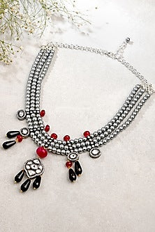Gold Finish Kundan Polki & Grey Pearl Layered Necklace
