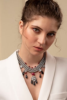 Gold Finish Kundan Polki & Grey Pearl Layered Necklace