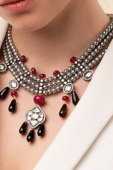 Gold Finish Kundan Polki & Grey Pearl Layered Necklace