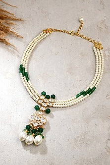 Gold Finish Kundan Polki & Pearl Handcrafted Layered Necklace