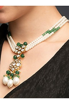 Gold Finish Kundan Polki & Pearl Handcrafted Layered Necklace