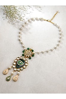 Gold Finish Kundan Polki & Pearl Pendant Necklace