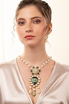 Gold Finish Kundan Polki & Pearl Pendant Necklace