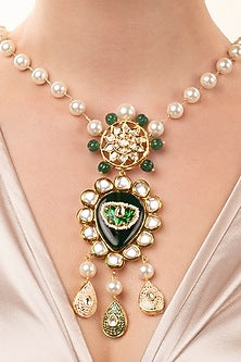 Gold Finish Kundan Polki & Pearl Pendant Necklace