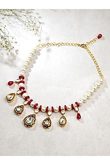 Gold Finish Kundan Polki & Red Agate Necklace