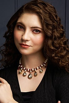 Gold Finish Kundan Polki & Red Agate Necklace