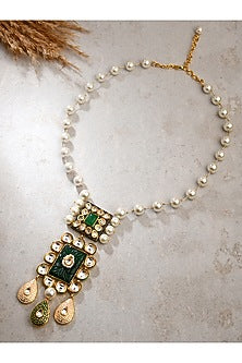 Gold Finish Kundan Polki & Green Agate Long Necklace