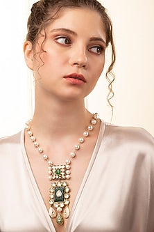 Gold Finish Kundan Polki & Green Agate Long Necklace
