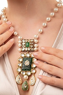 Gold Finish Kundan Polki & Green Agate Long Necklace