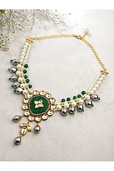 Gold Finish Kundan Polki & Green Agate Long Necklace