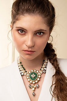 Gold Finish Kundan Polki & Green Agate Long Necklace