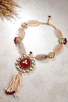 Gold Finish Pearl & Red Agate Pendant Necklace