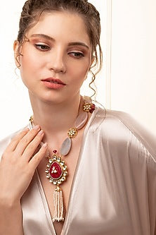 Gold Finish Pearl & Red Agate Pendant Necklace