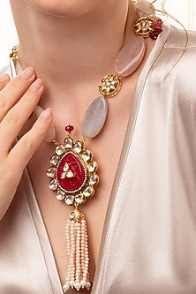 Gold Finish Pearl & Red Agate Pendant Necklace