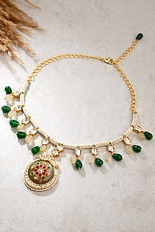 Gold Finish Multi-Colored Agate & Pearl Necklace