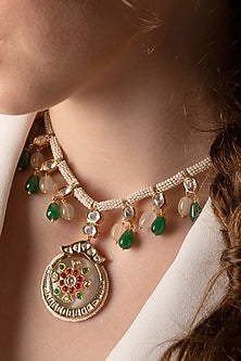 Gold Finish Multi-Colored Agate & Pearl Necklace