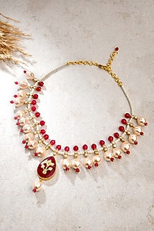 Gold Finish Kundan Polki & Red Agate Necklace