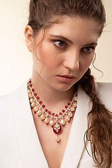 Gold Finish Kundan Polki & Red Agate Necklace