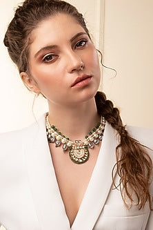 Gold Finish Kundan Polki & Green Agate Necklace