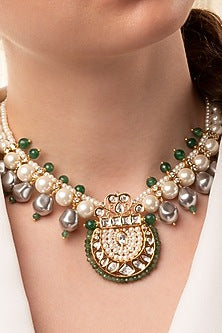 Gold Finish Kundan Polki & Green Agate Necklace