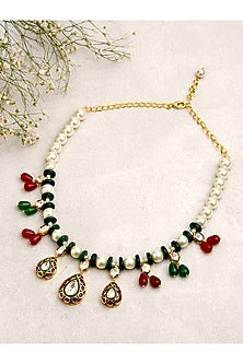 Gold Finish Kundan Polki & Pearl Meenakari Necklace