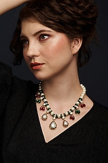 Gold Finish Kundan Polki & Pearl Meenakari Necklace