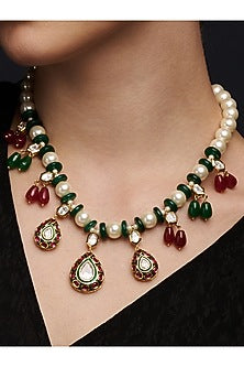 Gold Finish Kundan Polki & Pearl Meenakari Necklace