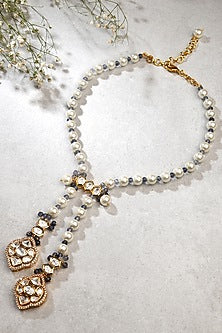 Gold Finish Kundan Polki & Pearl Long Necklace