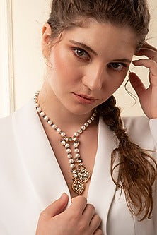 Gold Finish Kundan Polki & Pearl Long Necklace