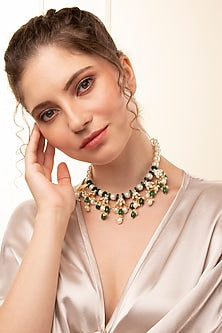Gold Finish Kundan Polki & Green Agate Necklace