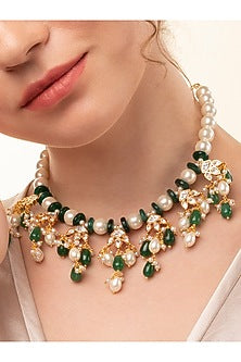 Gold Finish Kundan Polki & Green Agate Necklace