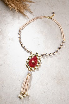 Gold Finish Kundan Polki & Red Agate Necklace