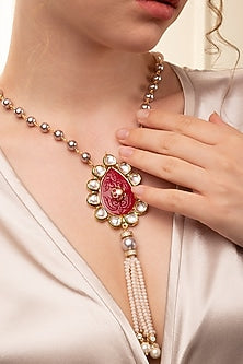 Gold Finish Kundan Polki & Red Agate Necklace