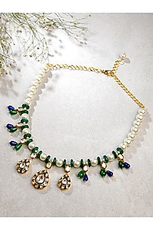 Gold Finish Green Agate & Pearl Enameled Pendant Necklace