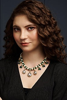 Gold Finish Green Agate & Pearl Enameled Pendant Necklace