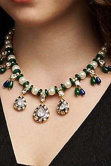 Gold Finish Green Agate & Pearl Enameled Pendant Necklace