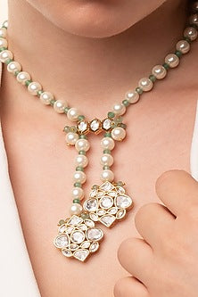Gold Finish Kundan Polki & Pearl Long Necklace