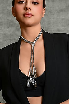 Gold Finish Grey Beaded Scarf Necklace