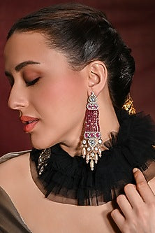 Gold Finish Red Beaded Dangler Earrings