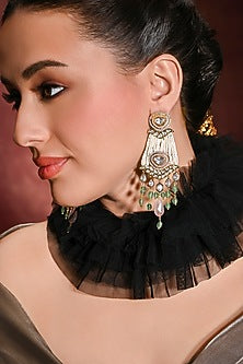 Gold Finish White & Green Stone Dangler Earrings