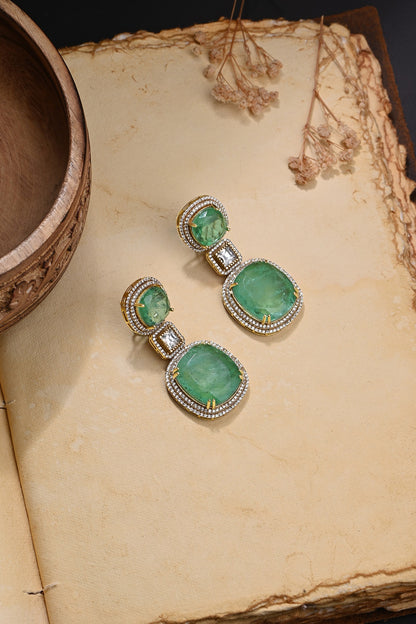 Gold Finish Green Stone Dangler Earrings