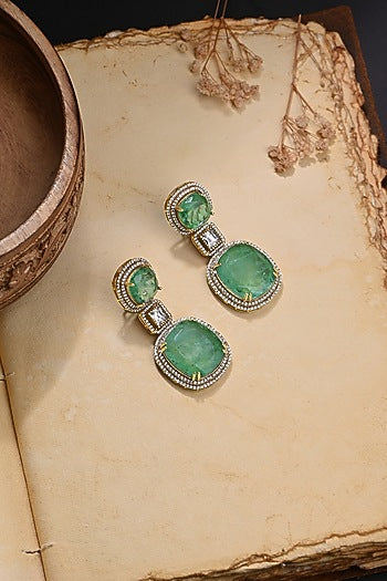 Gold Finish Green Stone Dangler Earrings