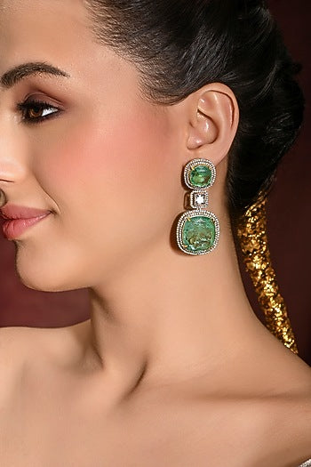 Gold Finish Green Stone Dangler Earrings
