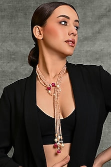 Gold Finish Pink Beaded Scarf Necklace