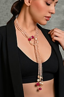 Gold Finish Pink Beaded Scarf Necklace