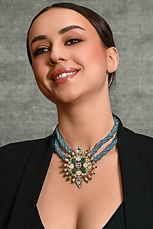Gold Finish Blue Beaded Necklace