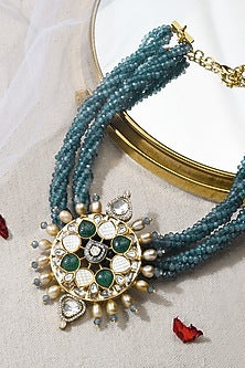 Gold Finish Blue Beaded Necklace